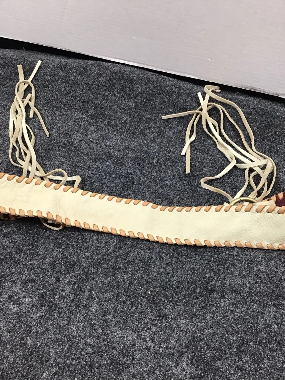 Vintage 70’s cream leather whipstitch o-ring fringe boho tie belt